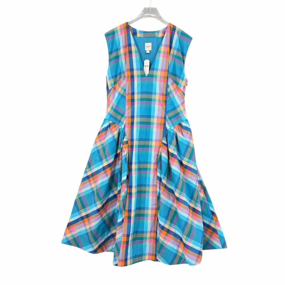 Anthropologie Maeve NEW Sleeveless V-Neck Basque Waist Blue Plaid Midi Dress - Picture 11 of 15